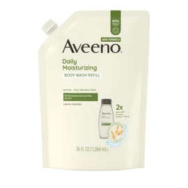 Aveeno Daily Moisturizing Body Wash for Sensitive Skin + Prebiotic Oat, Gently Cleanses, Nourishes & Feels Moisturizing Dry Skin, Light Fragrance, Refill Pouch, 36 fl. oz