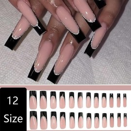 120 Pcs French Tip Press on Nails Long Square Fake Nails Black Tip False Nails with Designs Silver Glitter Line Glossy Glue on Nails Reusable Full Cover Acrylic Nails Stick on Nails for Women Manicure