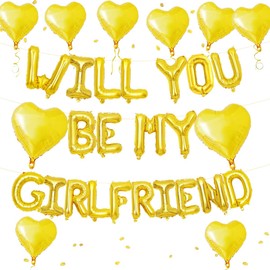 2 Set 16 Inch Will You Be My Girlfriend Balloons Banner, Gold Proposal Letter Balloons with 6 Heart Shaped Balloons for Romantic Decorations, Engagements, Anniversaries, Valentines Day Decor