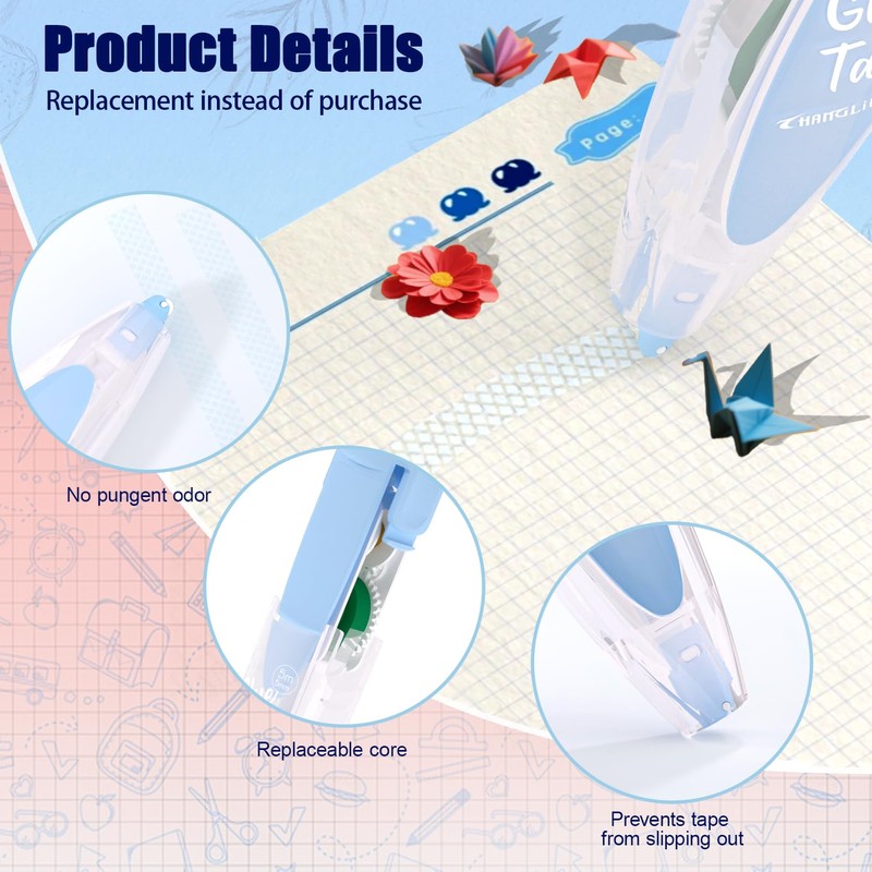 4pack Refillable Retractable Scrapbook Tape& 4 Replacement Refills, 5M*6mm Double