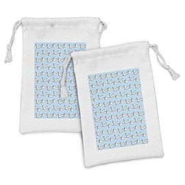 Lunarable Pelican Fabric Pouch Set of 2, Coastal Pattern with Flying Pelicans Waterfowl on Pale Blue Shade, Small Drawstring Bag for Toiletries Masks and Favors, 9" x 6", Pale Blue Grey and White