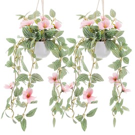 Kepfire 2Packs Faux Hanging Plants Artificial Decor Small Hanging Plant Pot with Artificial Vines and Pink Flower Greenery Decoration Living Room Wall Home Wall Shelf Indoor Outdoor