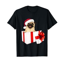Pug dog in a Santa hat and present box with a bow T-Shirt for Men Women Kids