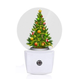 Axayaz Mistletoe Tree Night Light Plug Into Wall Christmas Balls Socks Bell Fir Colorful Ribbon Auto Sensor LED Dusk to Dawn Light for Bedroom Staircase