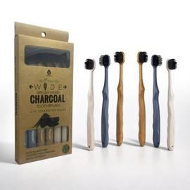 Pursonic Wide Head Toothbrush Set with Cedarwood Wooden Handle & Soft Charcoal Bristles - Travel Friendly Natural Oral Care Brushes with Comfortable Grip Design for All Age Groups - Pack of 6