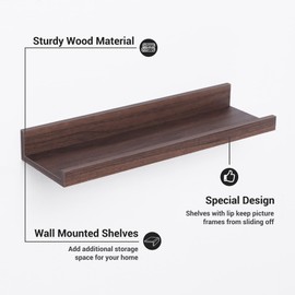 Picture Ledge Shelf, Floating Shelves for Wall Set of 3, Rustic Walnut Floating Shelves with Lip, Picture Shelf for Wall with Ledge for Nursery Bookshelf Bedroom Living Room Kitchen Office - Walnut