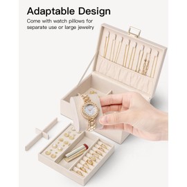 Vlando 2 Layer Jewelry Box Large Jewelry Organizer for Women Removable Jewelery Tray with Watch Pillow for Necklace Earrings Rings Bracelets Jewelry Boxes for Wedding Gifts Bride Gifts(Apricot White)