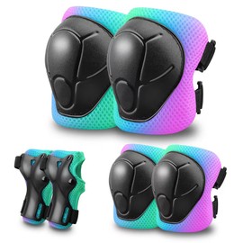 Kids Protective Gear Set Knee Pads for Kids 3-14 Years Toddler Knee and Elbow Pads with Wrist Guards 3 in 1 for Skating Cycling Bike,Biking, Roller Skates, Scooters (Pink Blue Green, M(8-14Years))