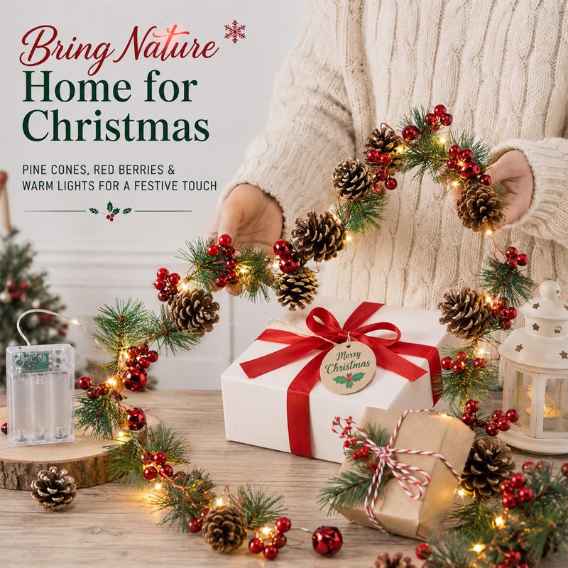 2M Christmas Garland with Lights Pine Berry Decoration for Indoor