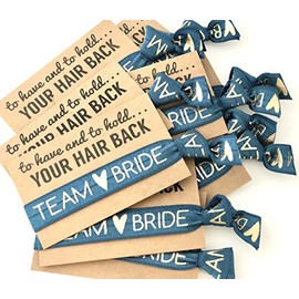 PACK OF 10 | MADE IN THE USA | To Have & To Hold Your Hair Back Favors | Team Bride | Bachelorette Hair Tie Favors (Brown Card Military Blue)