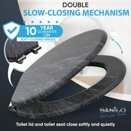 SANILO Wooden Toilet Seat with Soft Close [ELONGATED] - Decorative, Quiet & Slow Close Molded Wood Seat - With Strong Bumpers & Hinges - Adjustable Fit - Granite