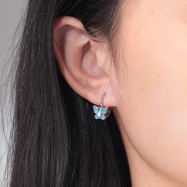 CiNily Butterfly Small Hoop Earrings for Women 14K White Gold Plated Blue Opal Leverback Earrings Dangle Drop Earrings