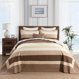 Finlonte 100% Cotton 120"x120" California King Bedspread, Cal Oversized King Bedspread Coverlet Extra Large Quilt Set, Stripe Farmhouse Quilted Bed Spread Lightweight Comforter, Brown/Beige, 3 pcs