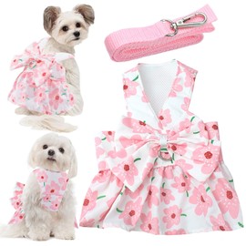 Dog Dress Bowknot Harness Leash Set for Small Girl Dogs Pink Floral Dog Cat Clothes Cute Puppy Outfits Pet Clothes Spring Summer Breathable Dresses(Large)