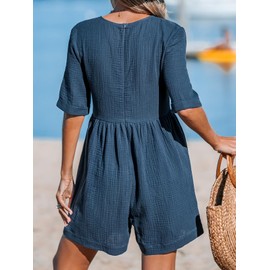 CUPSHE Women's Jumpsuits V-Neck Wide Leg Romper Short Sleeves Overall with Front Pockets Outfit Casual Beach,M