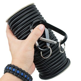 Marine Grade Shock Cord with 2 Carabiners - 6 Colors of USA Made Bungee, Stretch, and Elastic Cord - 1/8, 3/16, 1/4 Inch on 25, 50, and 100 Foot Spools (Black, 3/16 Inch x 50 Feet)