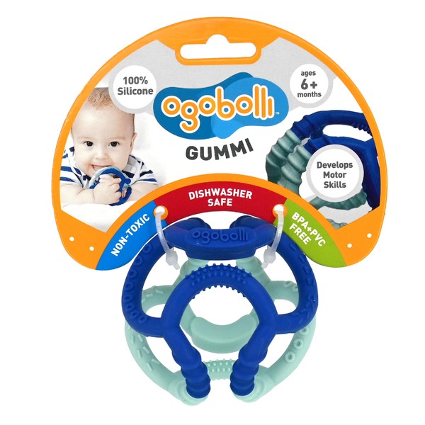 OgoBolli Gummi Teether Ring Textured Sensory Ball Toy for Babies & Toddlers - Stretchy, Soft Non-Toxic Silicone - Boys and Girls Age 0+ Months - Blueberry