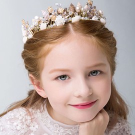 Foyte Crystal Flower Girl Headpiece Leaf Wedding Headband Princess Headpieces Rhinestone Floral Hair Vines Communion Pearl Hair Accessories for Women (Shell)