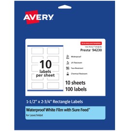 Avery Waterproof Rectangle Labels with Sure Feed, Print to the Edge, 1.5" x 2.75", 100 White Labels (36555)