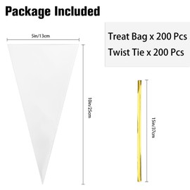 200 Cone Shaped Cellophane Treat Bags - 10 x 5 Inches Triangle with Ties, Clear Plastic with Twist Ties for Popcorn, Cookies, Candy