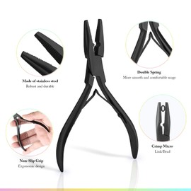 EHDIS Hair Extensions Tools Kit - Stainless Steel Pliers for Hair Apply&Remove Micro Ring Loop and Loop Needle Threader Tool, for Micro Rings Nano beads Styling Accessories, Black