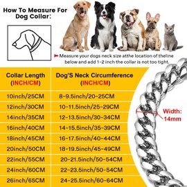 14mm Wide Silver Dog Chain Collar Walking Metal Chain Collar with Design Secure Buckle,18K Silver Plated Cuban Link Strong Heavy Duty Chew Proof for Small Medium Big Dogs（35cm,Silver)