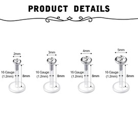 Briana Williams Lip Piercing Bioflex Labert Stud Set Transparent 16G Retainers 6/8/10 mm Bar Tragus Helix Piercing CZ Opal, Stainless Steel