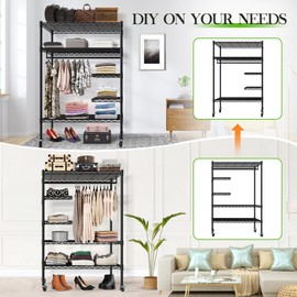 JS HOME Heavy Duty Garment Rack, Free-Standing Rolling Clothes Rack with Fitted Grey Oxford Cover, Extra Large Wardrobe Storage Rack/Organizer