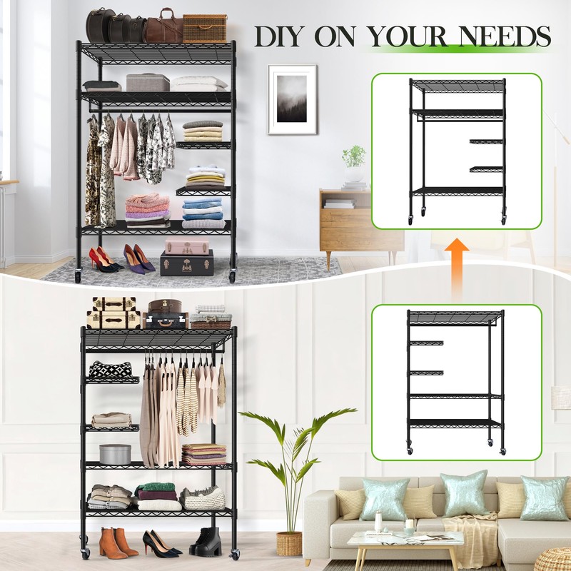 JS HOME Heavy Duty Garment Rack, Free-Standing Rolling Clothes Rack