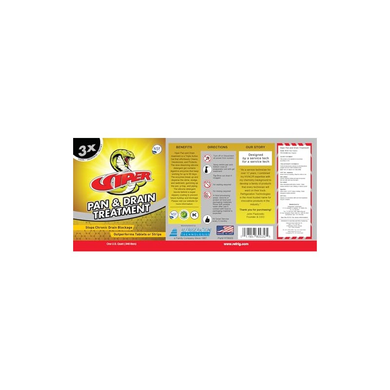 Refrigeration Technologies Viper Pan & Drain Treatment 1 Qt, Yellow