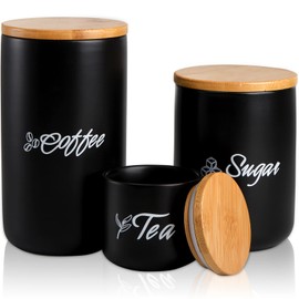 TOPZEA Set of 3 Kitchen Canister, Ceramic Canisters Cylinder Set with Bamboo Lid Airtight Tea Coffee Sugar Containers, Kitchen Tin Food Storage Jar for Pantry, Countertop, Black