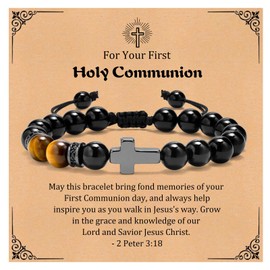 MEALGUET Holy Communion Gift Cross Bracelet for Boys : Natural Gemstone Beaded Religious Cross Bracelet Inspirational for Son Grandson Nephew 6-8 8-12 Year Old Age Teen Boys Girls