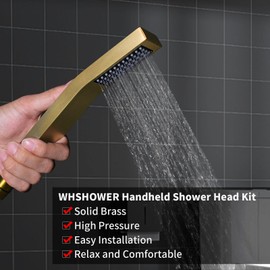 WHSHOWER Hand Held Shower Head Combo Set Square Shower Wand Brushed Gold Solid Brass Shower Head With Adjustable Shower Holder and Hose Wall Mount Handheld Showerheads Set