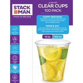 Stack Man [100 Pack - 12 oz.] Clear Disposable Plastic Cups PET Crystal Clear Disposable 12oz Plastic Cups