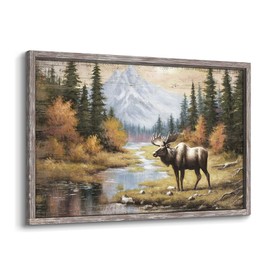 Moose Framed Wall Art Painting: Rustic Wildlife Prints Large Woodland Wild Animal Picture Elk Deer Artowrk for Bedroom Farmhouse Cabin Decor