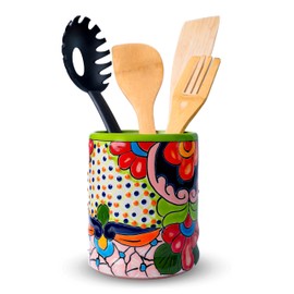 Talavera Utensil Holder – Hand Painted Ceramic Spoon Crock – Colorful Utensil Crock – Large Mexican Spoon Rest – 6" H (Green)