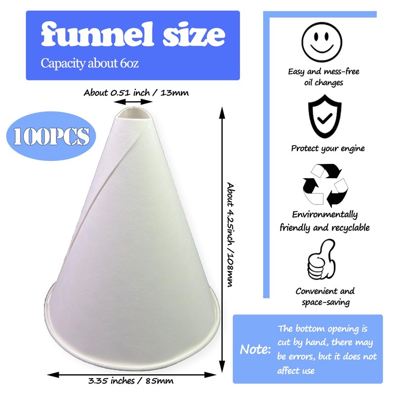 100 Pcs Paper funnels for Motor Oil 6oz Disposable Engine