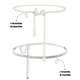 2 Adjustable Waist Chains for Women 112 cm Silver Rhinestone Chain Belt + 110 cm Pearl Butterfly Waist Belt Glitter Belt Women's Belt Fashion Waist Belt for Evening Dress Dresses