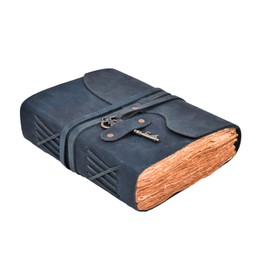 LEATHER VILLAGE Vintage Leather Journal – 200 Handmade Vintage Deckle Edge Paper – Leather bound Journal For Women Men – Vintage Key Closure - Book of Shadows - Blue - 10X7 inches