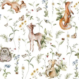 REDAMANCY White Wildflowers Watercolor Animals Forest Peel and Stick Wallpaper Stick on Contact Paper Vintage Wall Paper Easy Peel Off for nightstand Drawer Cabinet Renter