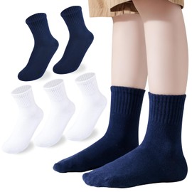 Mini angel Boys Girls Crew Socks White Ankle Socks Kids Seamless Cotton Athletic Sock 6-8 Years Youth School Uniform Sock 5 Pairs (White+Navy,M)