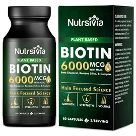Nutrsivia Biotin 6000mcg Hair Growth Supplement with MSM& Bamboo Silica - Hair, Skin & Nail Support for Women & Men, 80 Capsules.