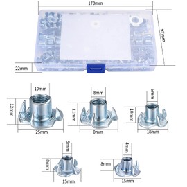110 Pcs T-Nuts Four Pronged, T Nut 4 Prong Tee Blind Nuts, Threaded Insert T Nuts Carbon Steel, Metric Blind Threaded Tee Nuts for Wood Furniture Household Appliances Construction - M4/M5/M6/M8/M10