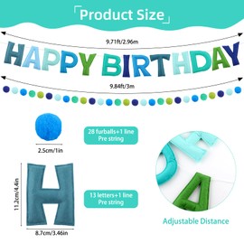 2 Pcs Pre-Strung Happy Birthday Banner and Felt Ball Garland,3D Reusable Felt Birthday Decorations,Ocean Blue Green Birthday Banner for Birthday Party Decor,Photo Backdrop,Celebration