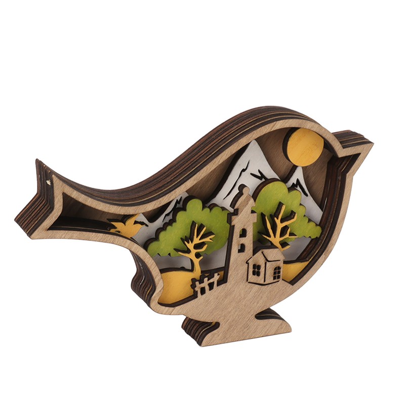 Wooden Bird Statues with Light 3D Hollow Hand Carved Birds