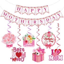 Mother's Day Decorations Happy Mothers Day Banner Garland Best Mom Ever I Love Mom Ceiling Hanging Swirls Floral Mothers Day Party Decorations Mother's Day Party Supplies Mother's Day Gift Party Favor