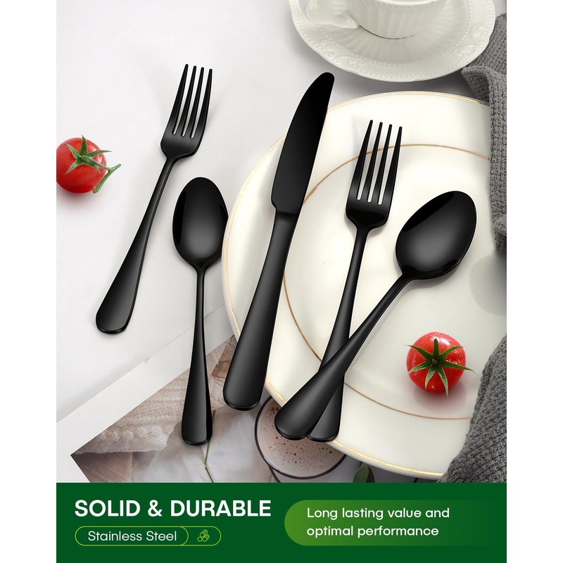 PHILIPALA 40 Piece Black Silverware Set, Stainless Steel Flatware Set