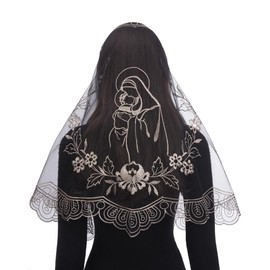 Bozidol Church Catholic Veils for Women, Black Gold Long D Shape Madonna and Child Embroidered Lace Mantilla Chapel Veil, Latin Mass Prayer Head Coverings with Clips