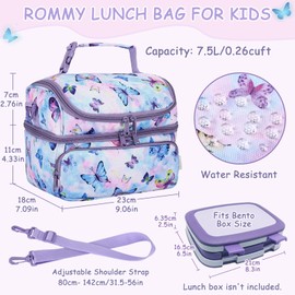 Kasgo Kids' Insulated School Lunch Bags, Large 7.5L 2-Compartment Girls Lunch Box with Adjustable Detachable Shoulder Strap, Clip-On Handle & Easy-Clean Lining, Purple Butterfly