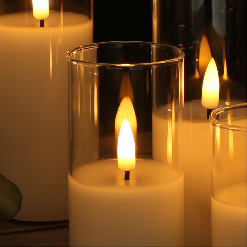 Girimax Slim Clear Glass Flameless Candles with Remote, Flickering Battery